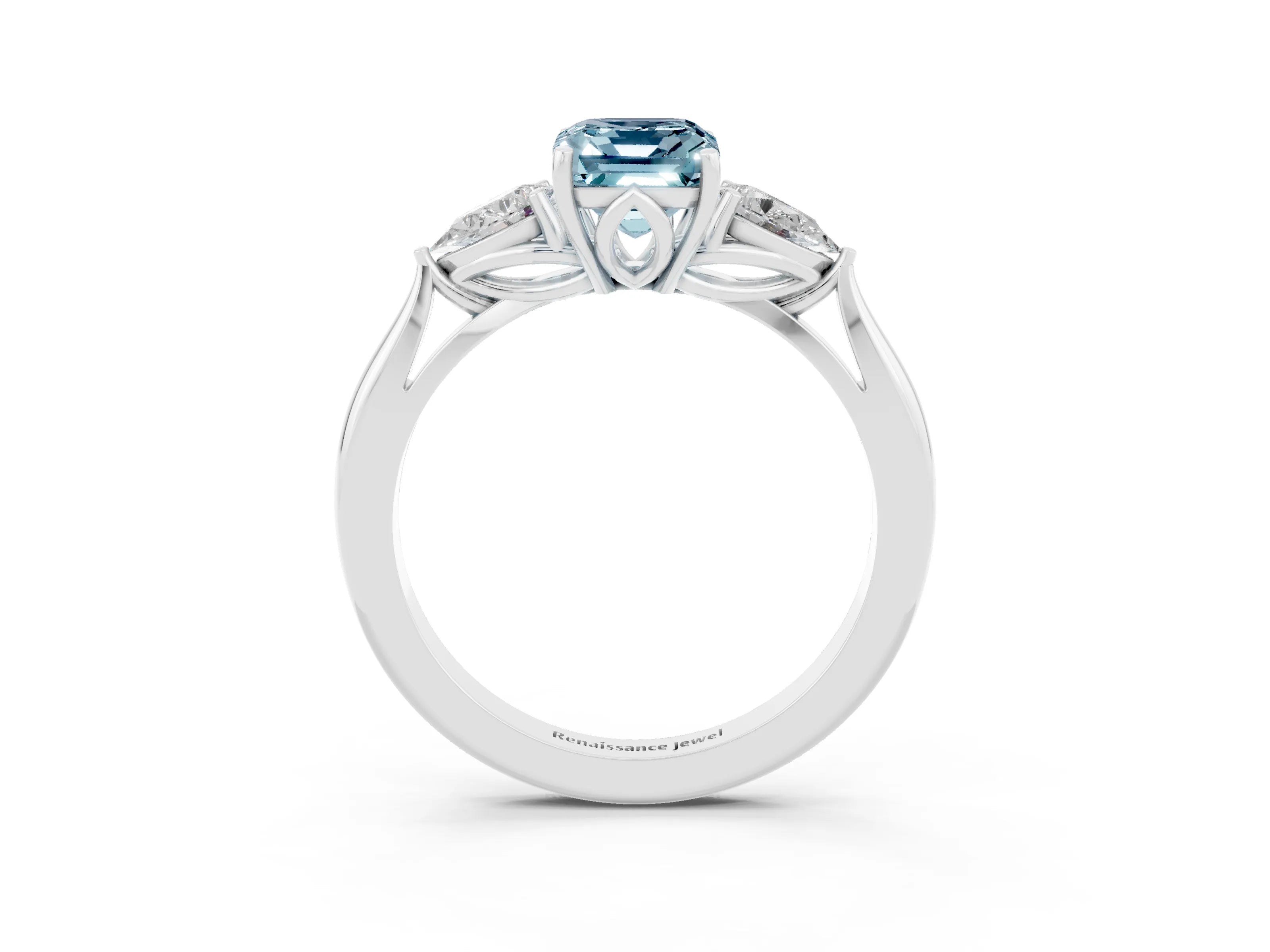 White gold Three-Stone Emerald Cut Cut Diamond Ring with Pear Side Stones in Four-Prong Setting_3