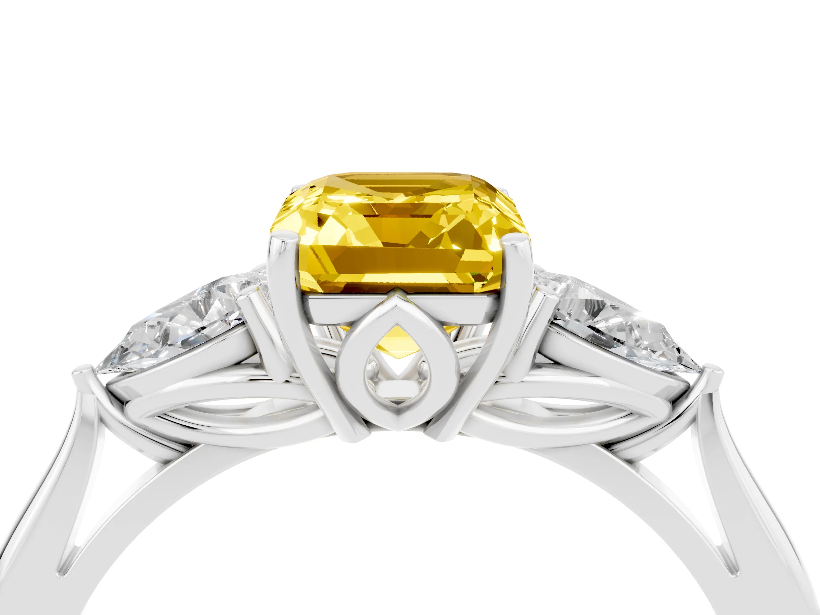 White gold Three-Stone Emerald Cut Cut Diamond Ring with Pear Side Stones in Four-Prong Setting_4