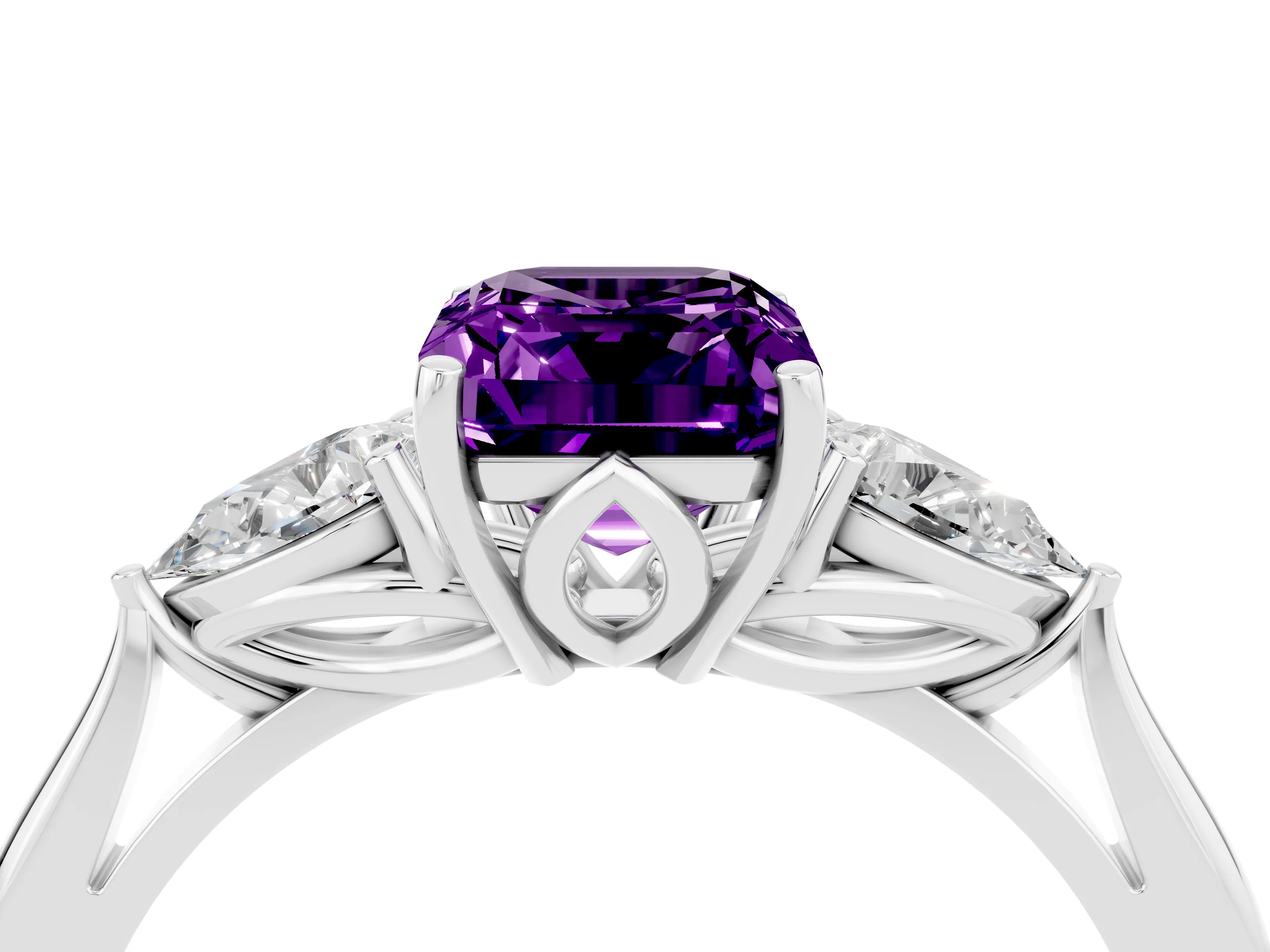 White gold Three-Stone Emerald Cut Cut Diamond Ring with Pear Side Stones in Four-Prong Setting_4