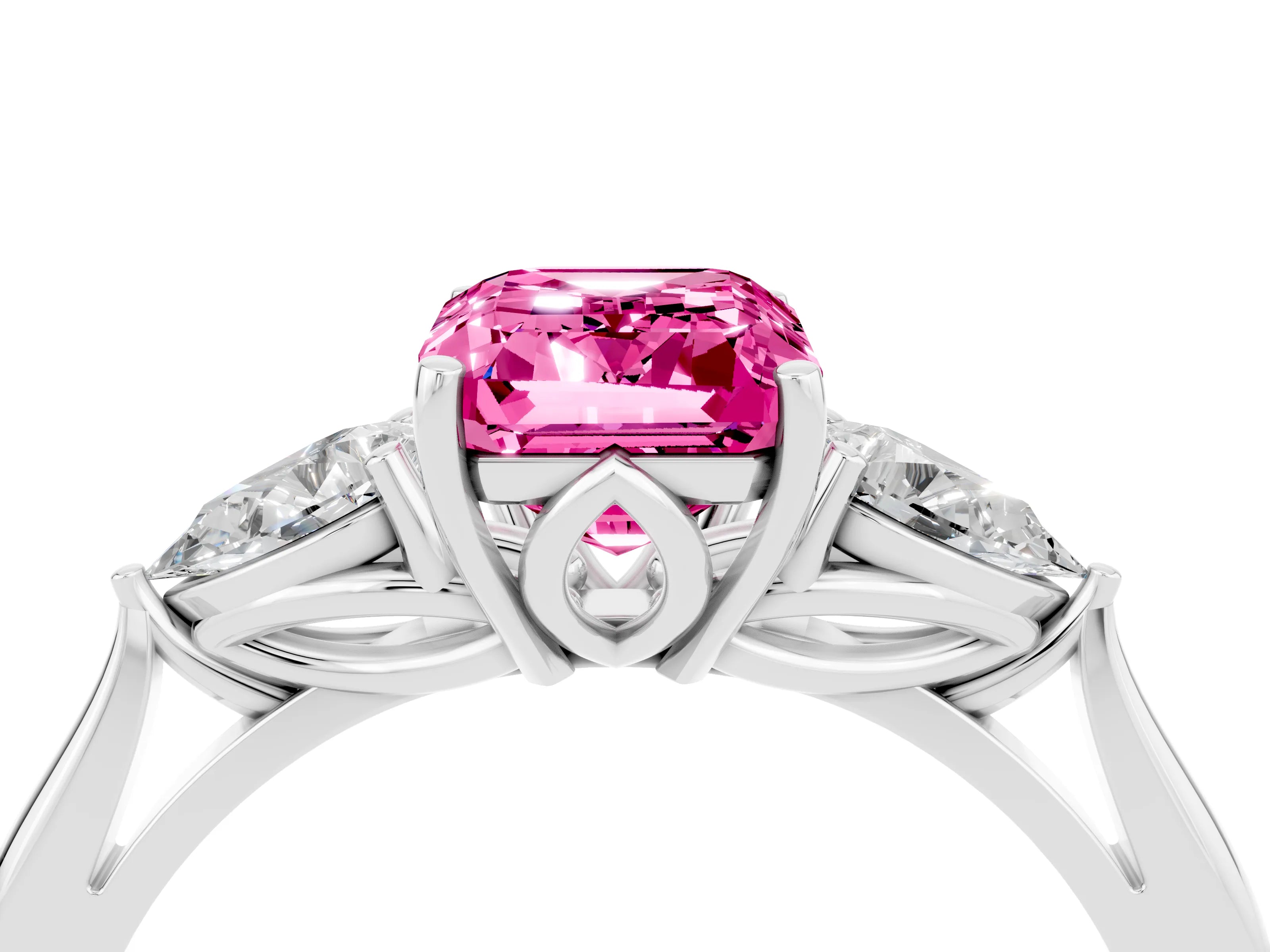 White gold Three-Stone Emerald Cut Cut Diamond Ring with Pear Side Stones in Four-Prong Setting_4