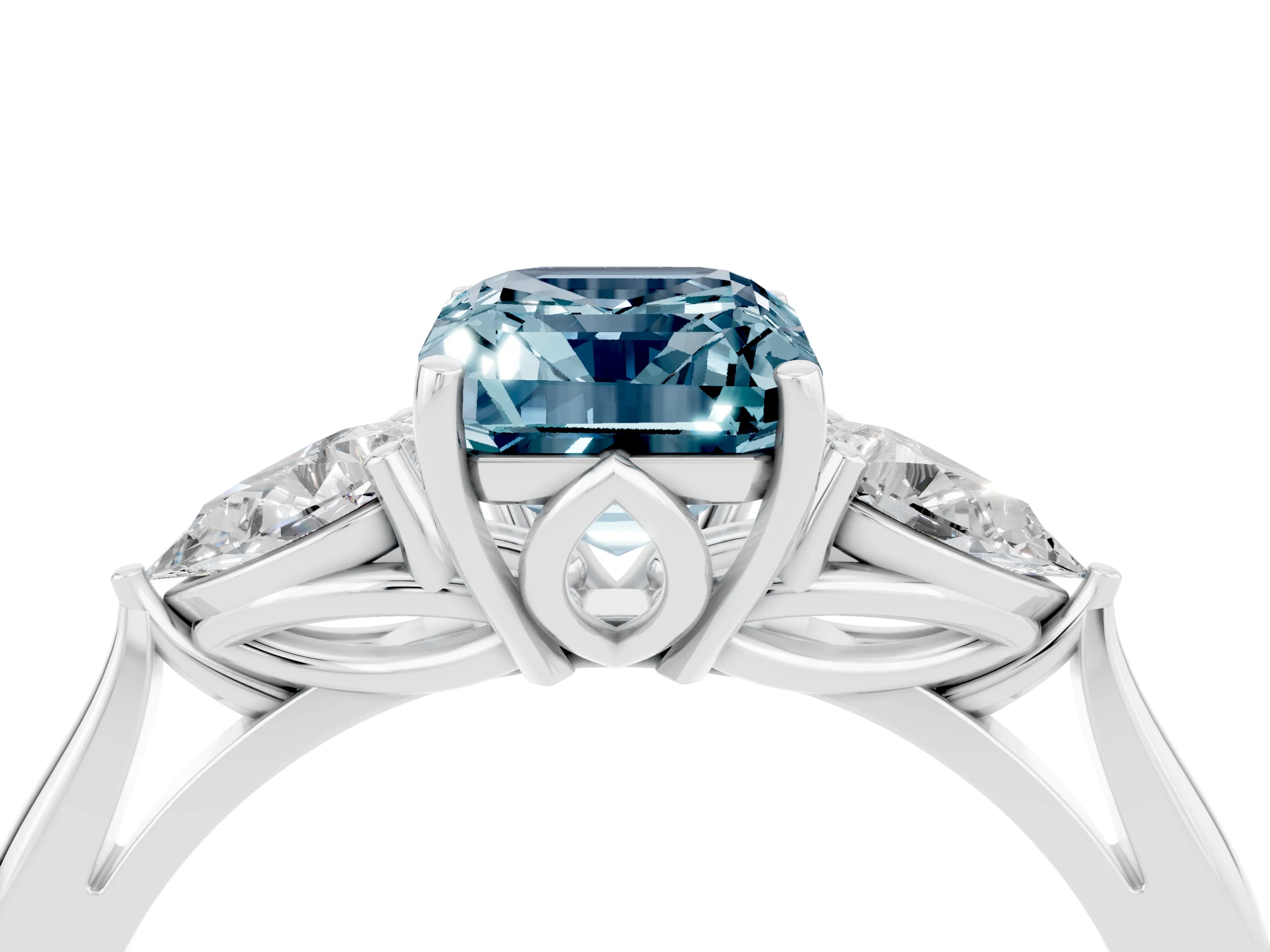 White gold Three-Stone Emerald Cut Cut Diamond Ring with Pear Side Stones in Four-Prong Setting_4