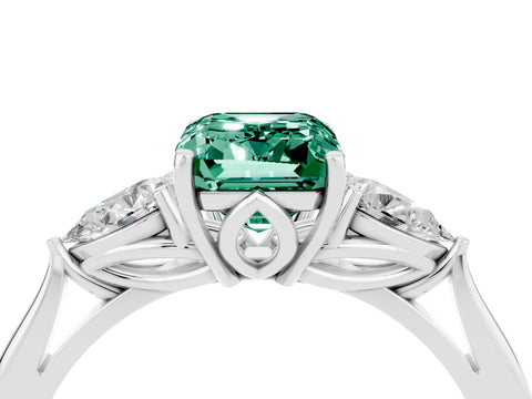 White gold Three-Stone Emerald Cut Cut Diamond Ring with Pear Side Stones in Four-Prong Setting_4
