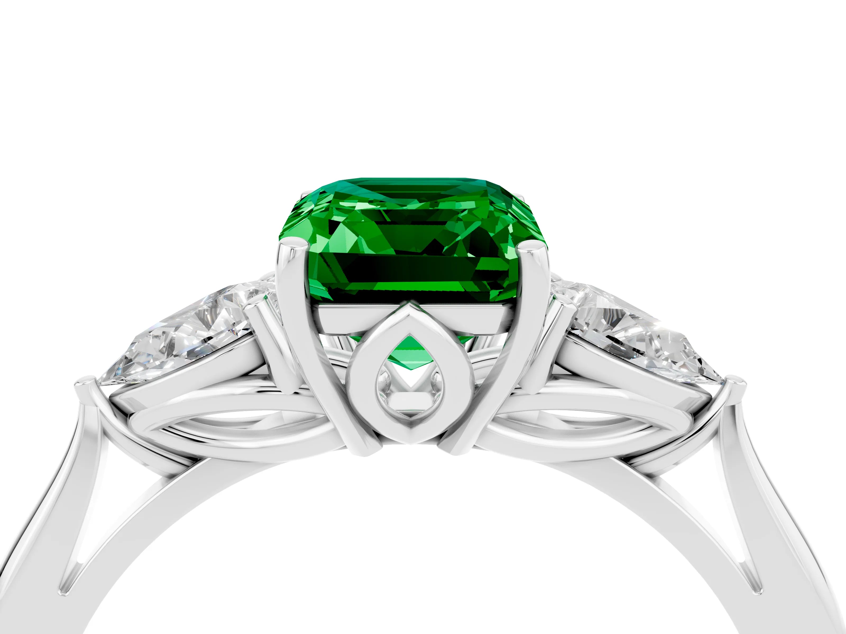 White gold Three-Stone Emerald Cut Cut Diamond Ring with Pear Side Stones in Four-Prong Setting_4