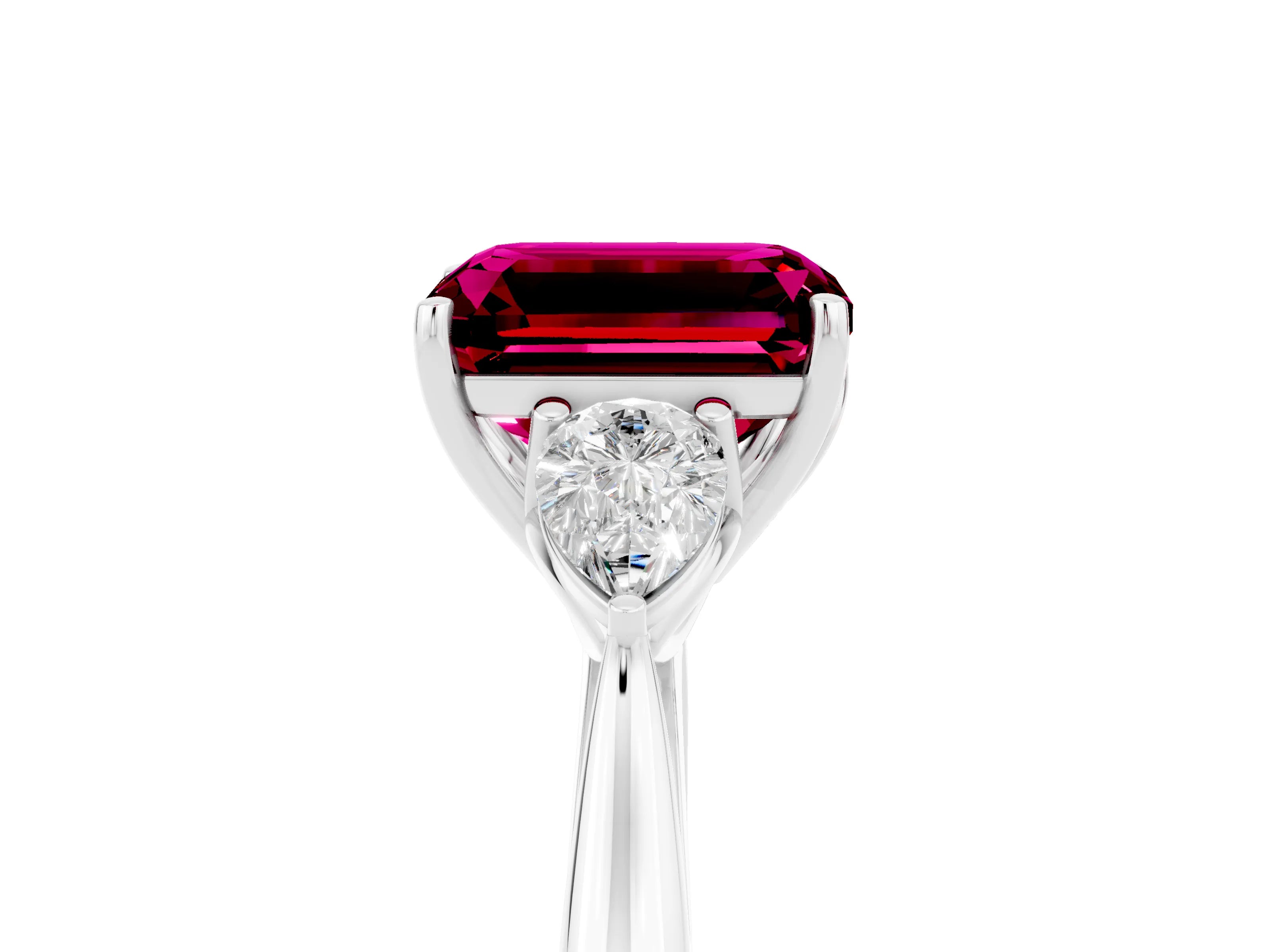 White gold Three-Stone Emerald Cut Cut Diamond Ring with Pear Side Stones in Four-Prong Setting_5