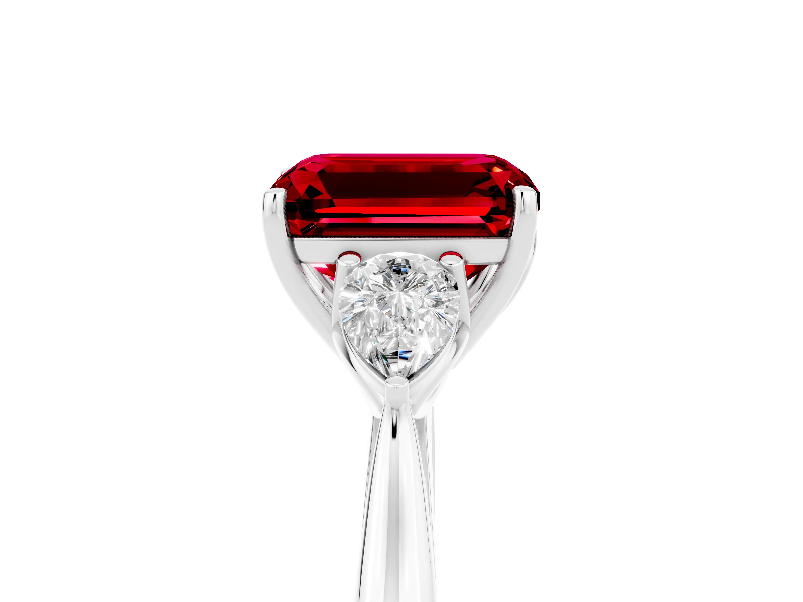 White gold Three-Stone Emerald Cut Cut Diamond Ring with Pear Side Stones in Four-Prong Setting_5