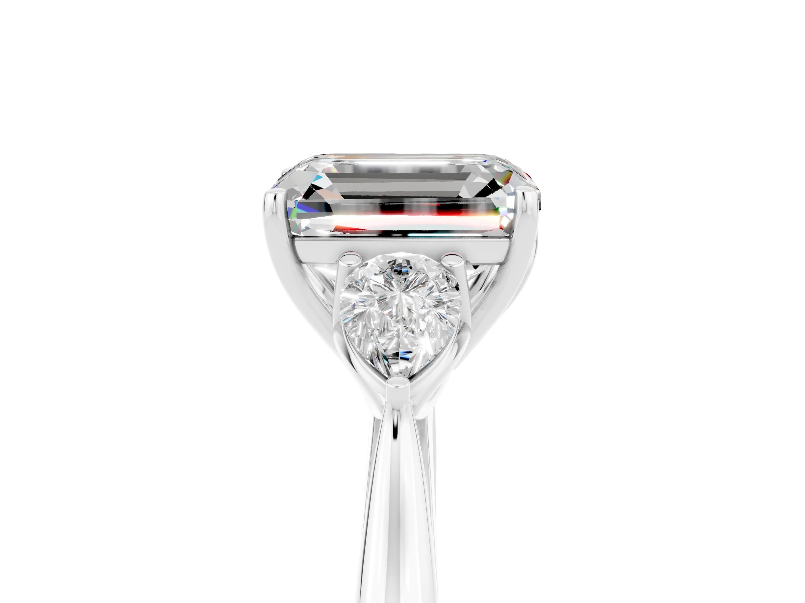 White gold Three-Stone Emerald Cut Cut Diamond Ring with Pear Side Stones in Four-Prong Setting_5