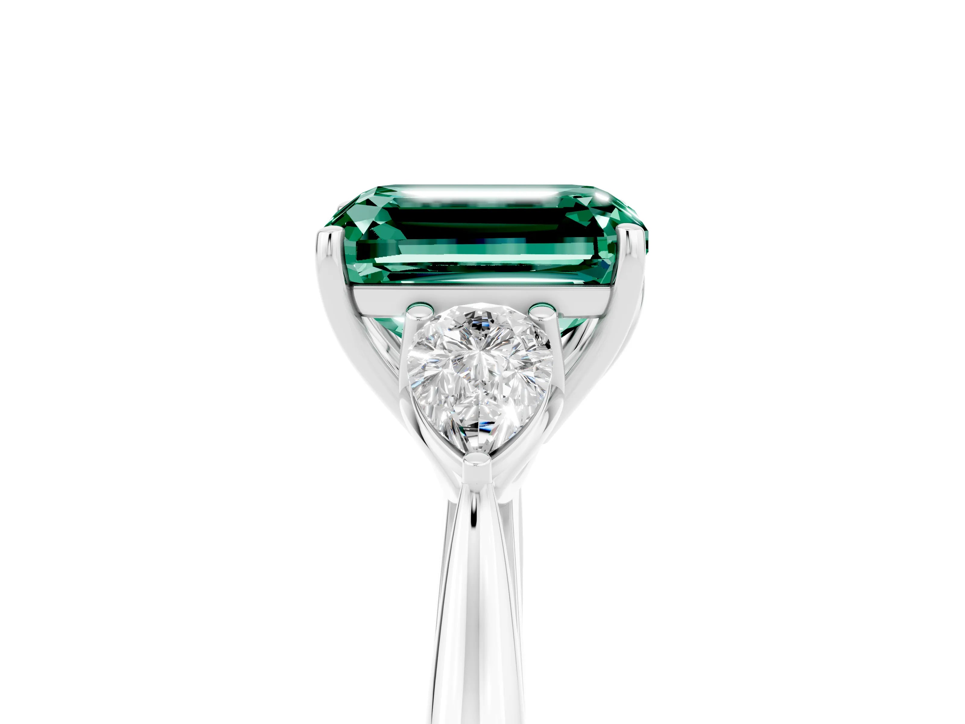 White gold Three-Stone Emerald Cut Cut Diamond Ring with Pear Side Stones in Four-Prong Setting_5