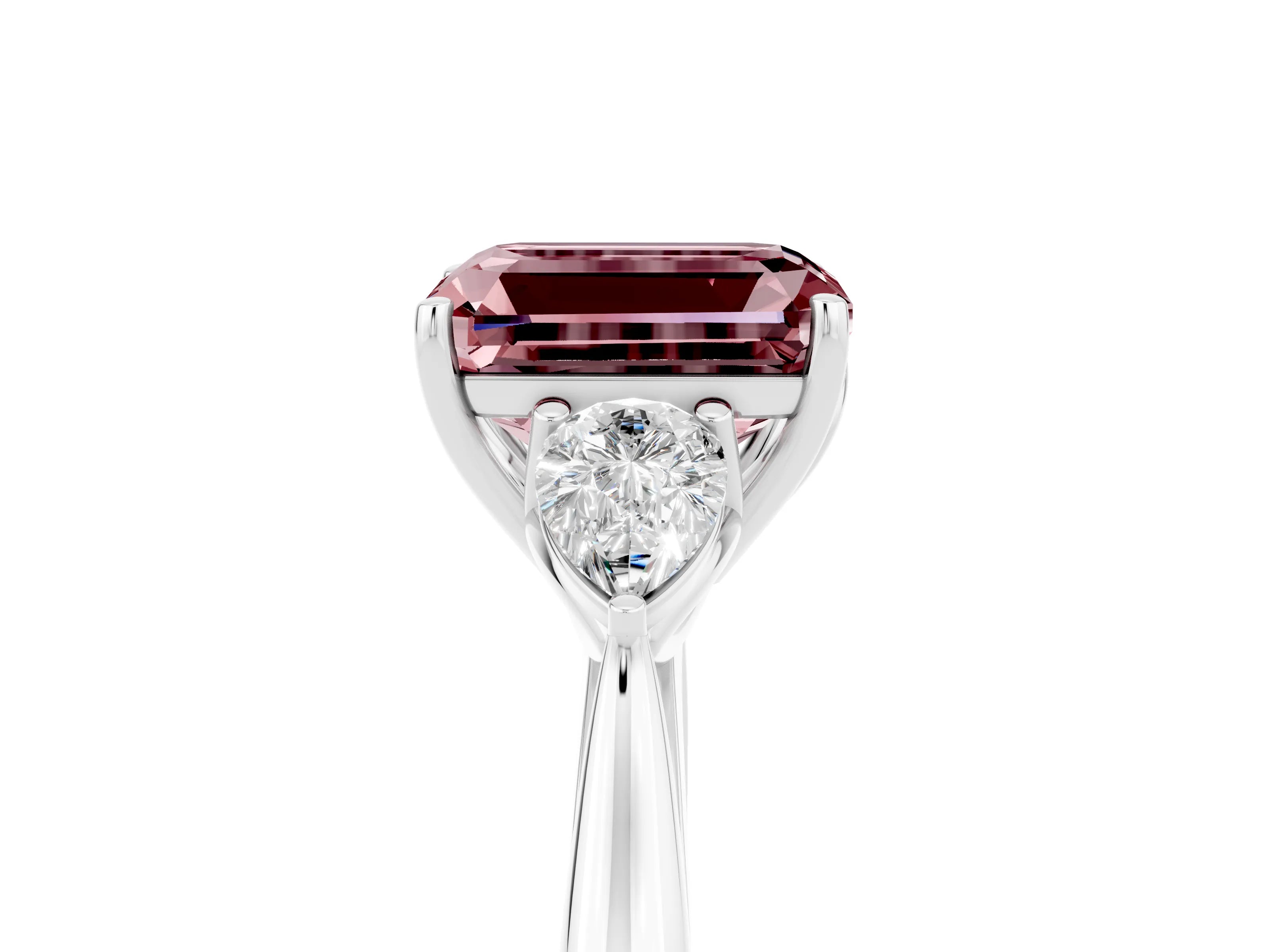 White gold Three-Stone Emerald Cut Cut Diamond Ring with Pear Side Stones in Four-Prong Setting_5