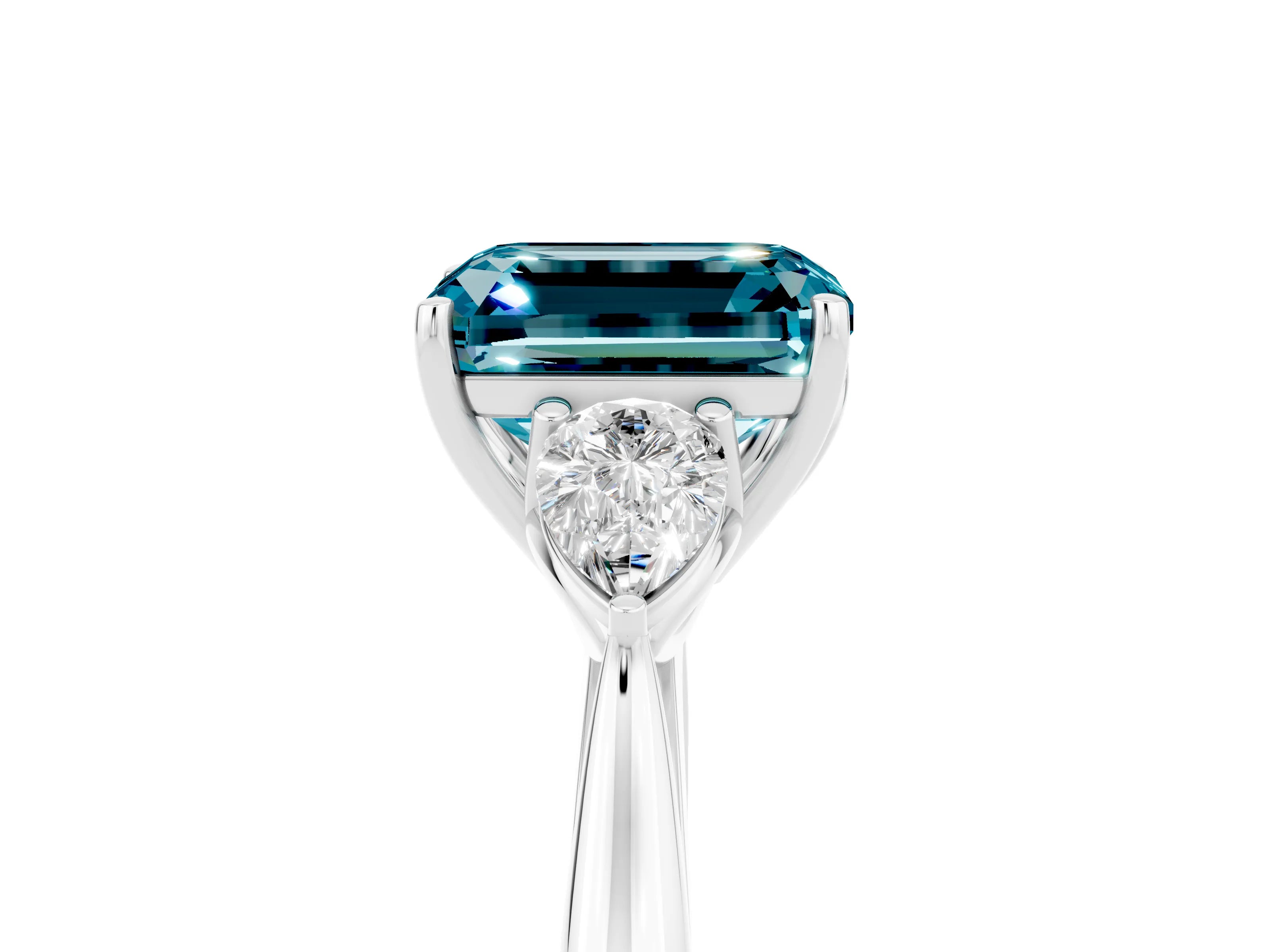 White gold Three-Stone Emerald Cut Cut Diamond Ring with Pear Side Stones in Four-Prong Setting_5