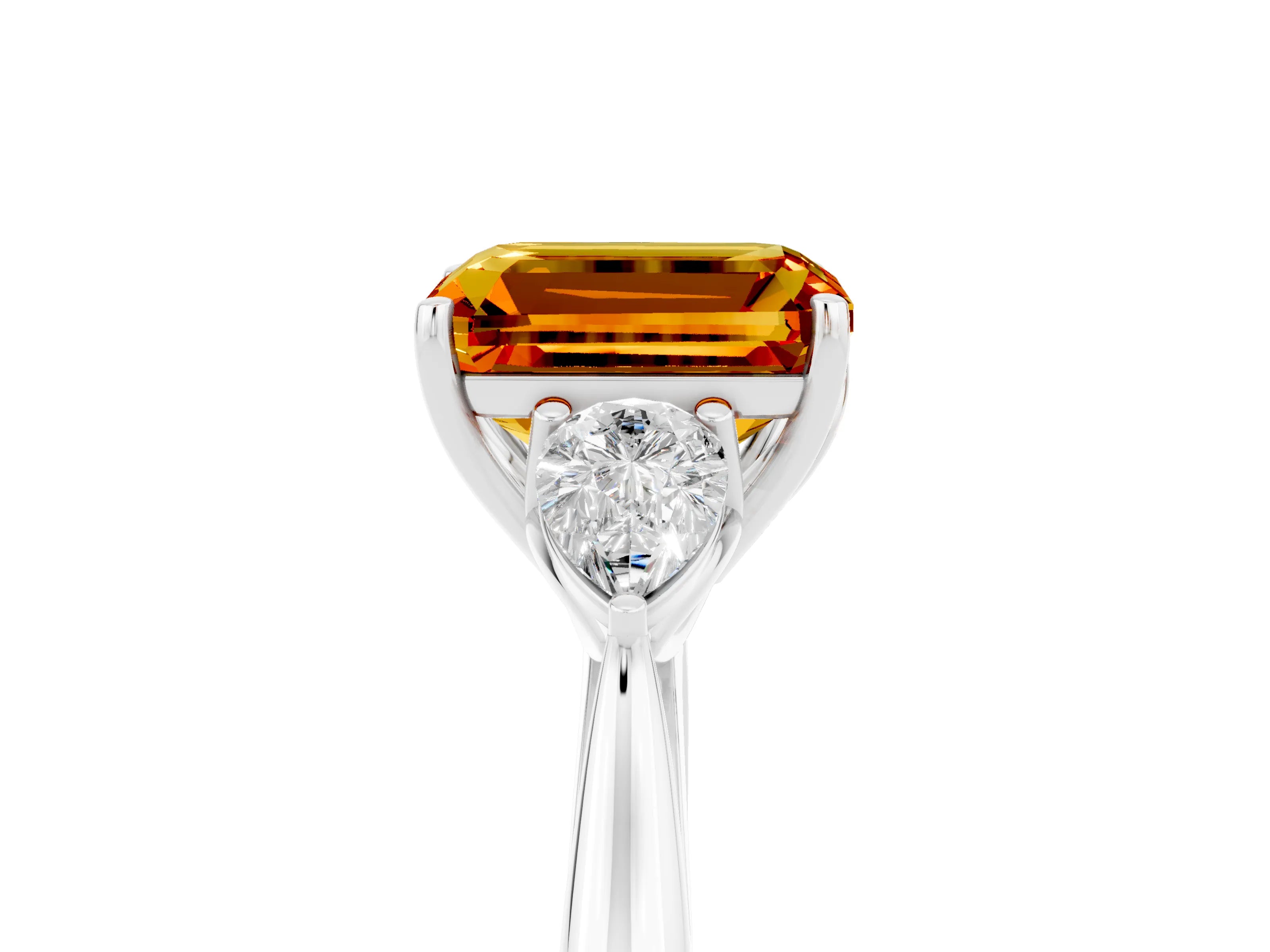 White gold Three-Stone Emerald Cut Cut Diamond Ring with Pear Side Stones in Four-Prong Setting_5