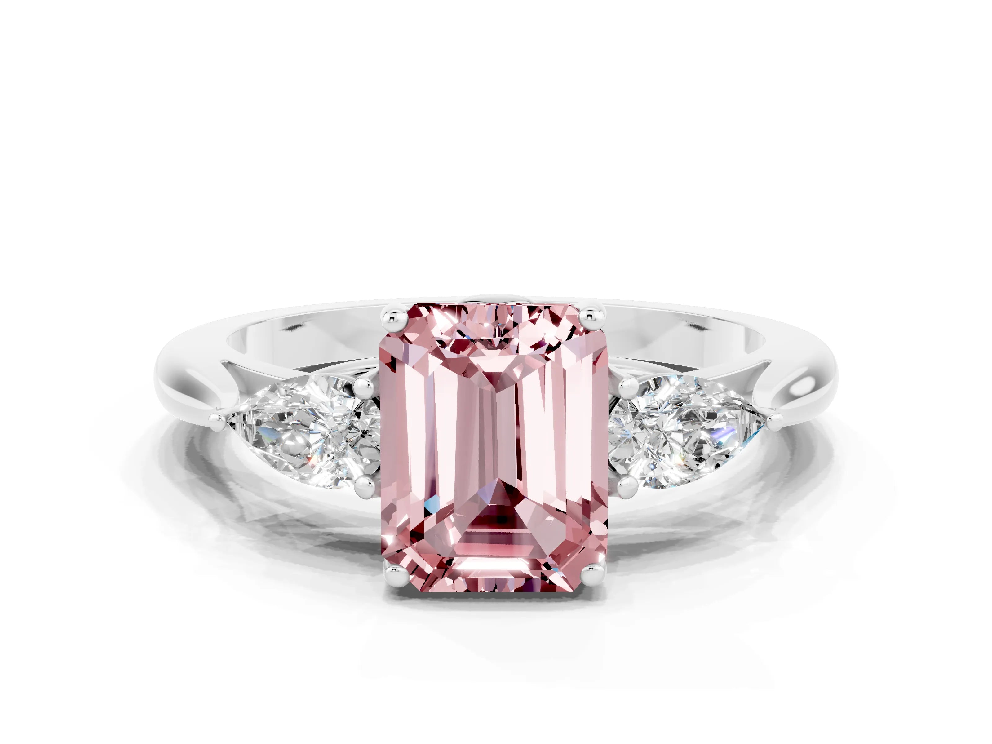 White gold Three-Stone Emerald Cut Cut Diamond Ring with Pear Side Stones in Four-Prong Setting