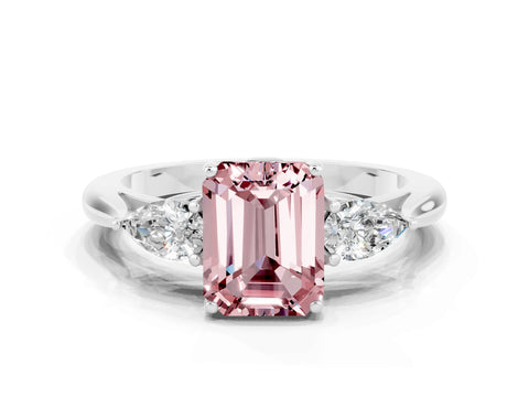 White gold Three-Stone Emerald Cut Cut Diamond Ring with Pear Side Stones in Four-Prong Setting