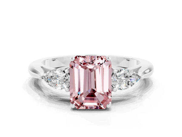 White gold Three-Stone Emerald Cut Cut Diamond Ring with Pear Side Stones in Four-Prong Setting