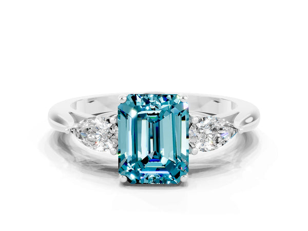 White gold Three-Stone Emerald Cut Cut Diamond Ring with Pear Side Stones in Four-Prong Setting