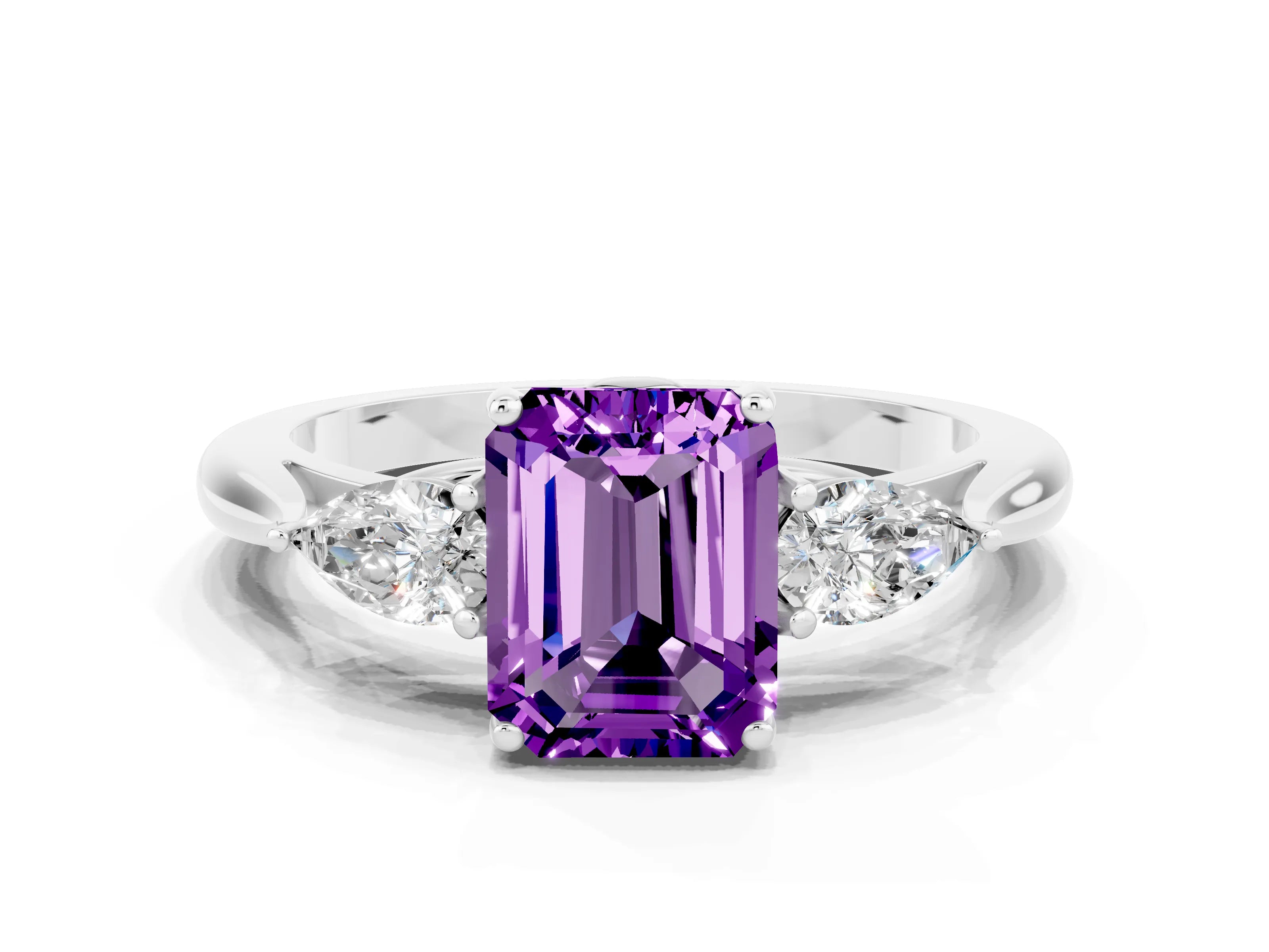 White gold Three-Stone Emerald Cut Cut Diamond Ring with Pear Side Stones in Four-Prong Setting