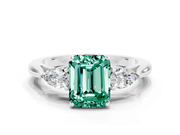 White gold Three-Stone Emerald Cut Green Sapphire Ring with Pear  Side Stones in Four-Prong Setting