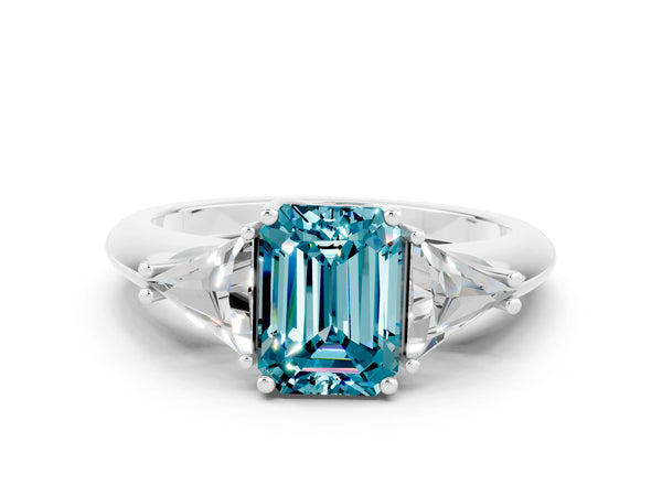 Silver Three-Stone Emerald Cut Cut Diamond Ring with Trillion Side Stones and Four-Prong Setting