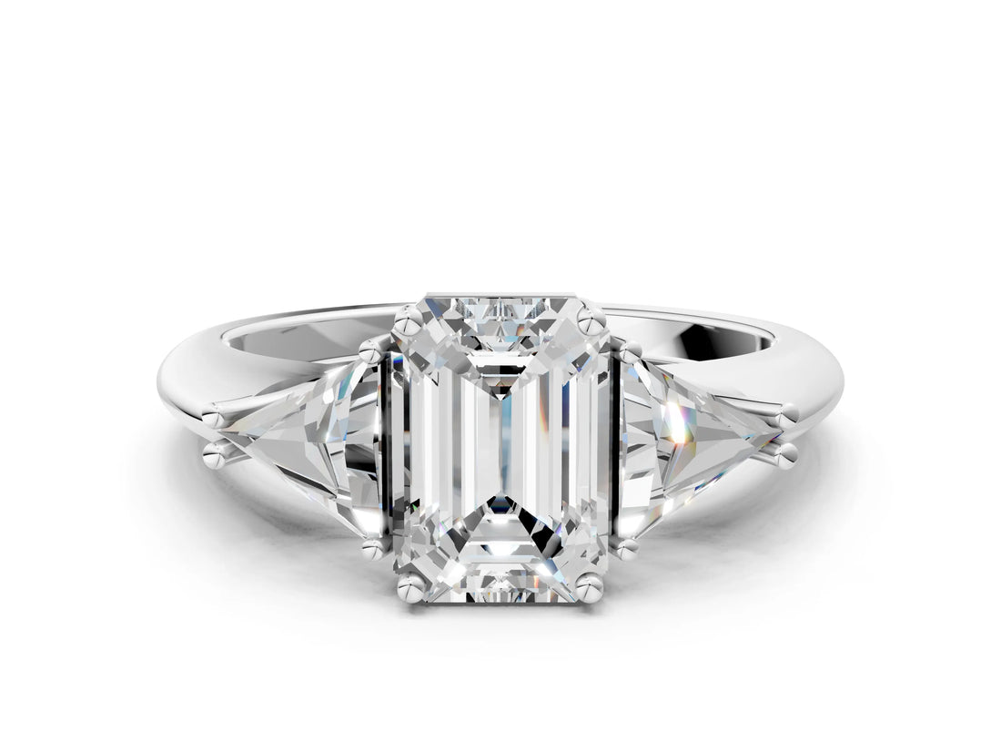 White gold Three-Stone Emerald Cut Cut Diamond Ring with Trillion Side Stones and Four-Prong Setting_15