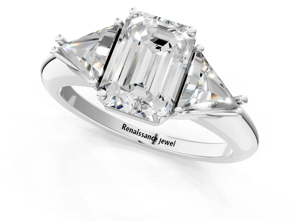 White Gold Emerald Cut Three Stone Engagement Ring Setting with Trillion Side Stones