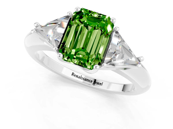 White gold Three-Stone Emerald Cut Cut Diamond Ring with Trillion Side Stones and Four-Prong Setting