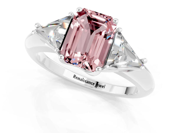 Platinum Three-Stone Emerald Cut Cut Diamond Ring with Trillion Side Stones and Four-Prong Setting