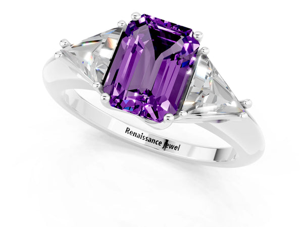 White gold Three-Stone Emerald Cut Amethyst Engagement Ring with Trillion Side Stones and Prong Setting