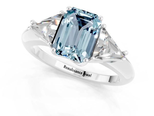 Platinum Three-Stone Emerald Cut Aquamarine Engagement Ring with Trillion Side Stones and Prong Setting
