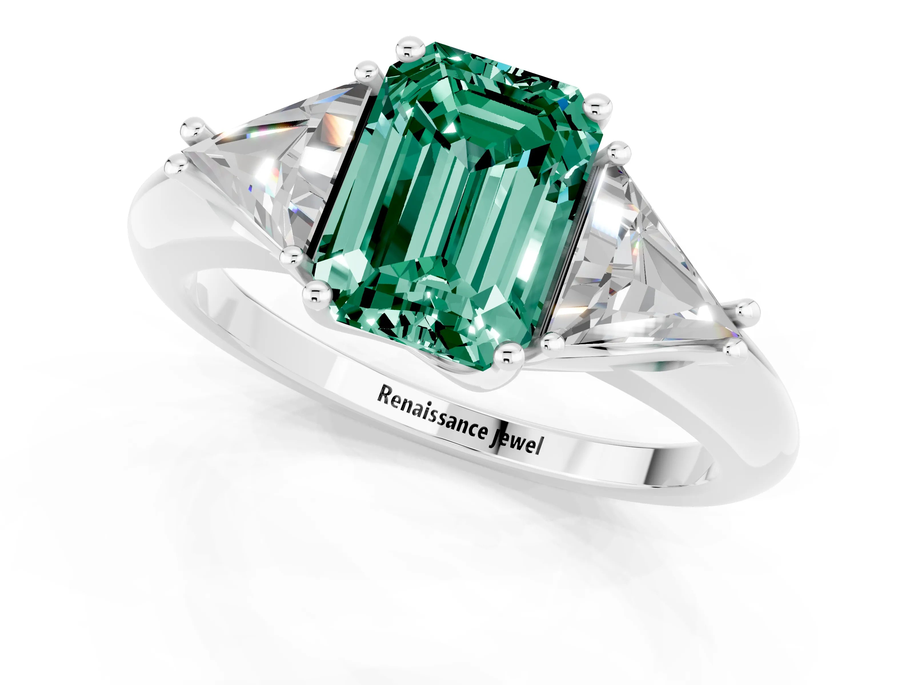 White gold Three-Stone Emerald Cut Cut Diamond Ring with Trillion Side Stones and Four-Prong Setting_1