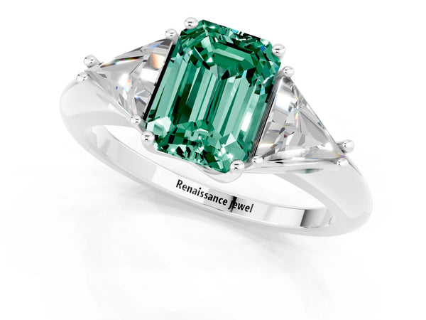 Platinum Three-Stone Emerald Cut Green Sapphire Engagement Ring with Trillion Side Stones and Prong Setting