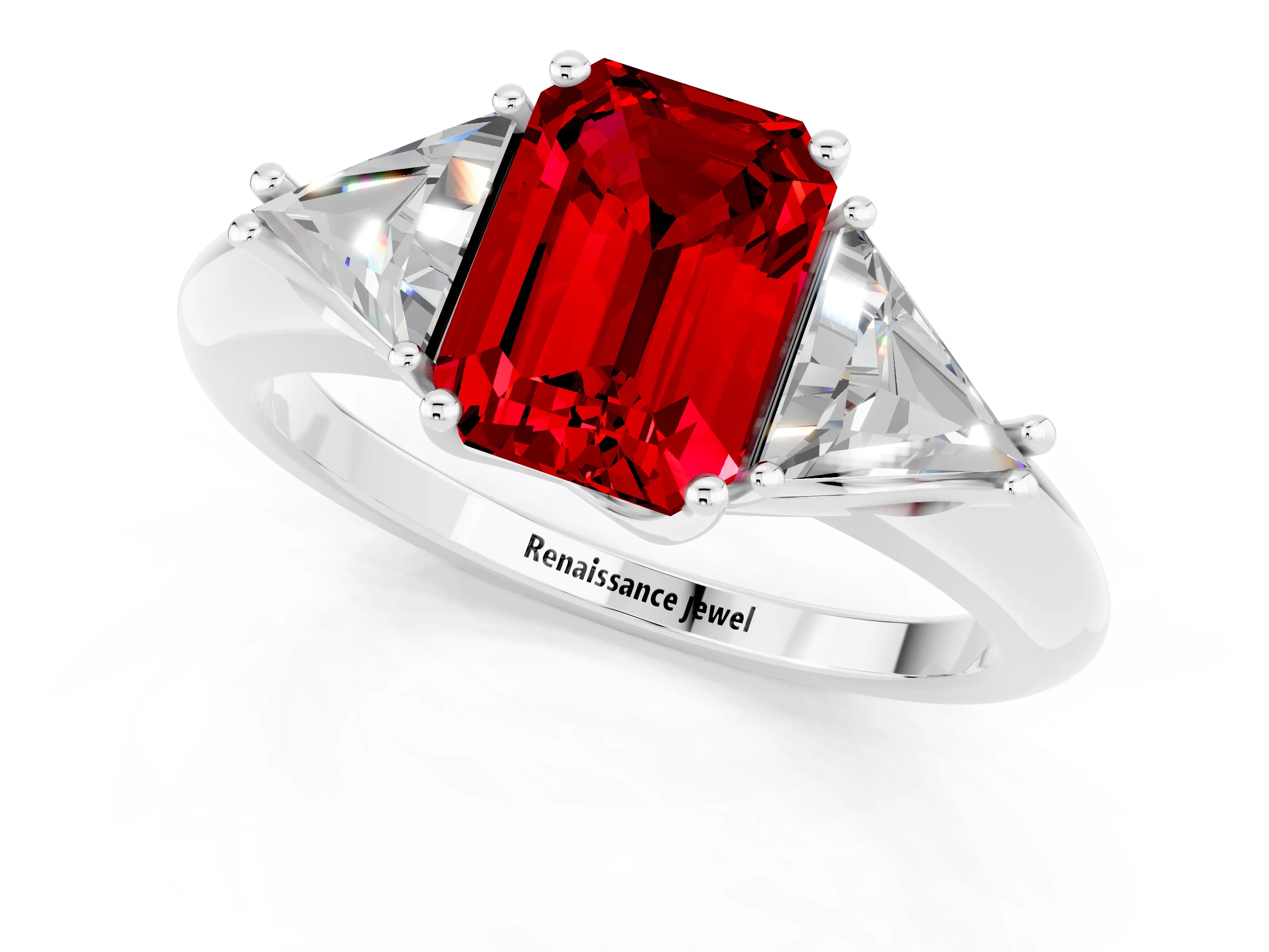 White gold Three-Stone Emerald Cut Cut Diamond Ring with Trillion Side Stones and Four-Prong Setting_1