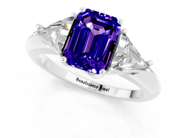 White gold Three-Stone Emerald Cut Tanzanite Engagement Ring with Trillion Side Stones and Prong Setting