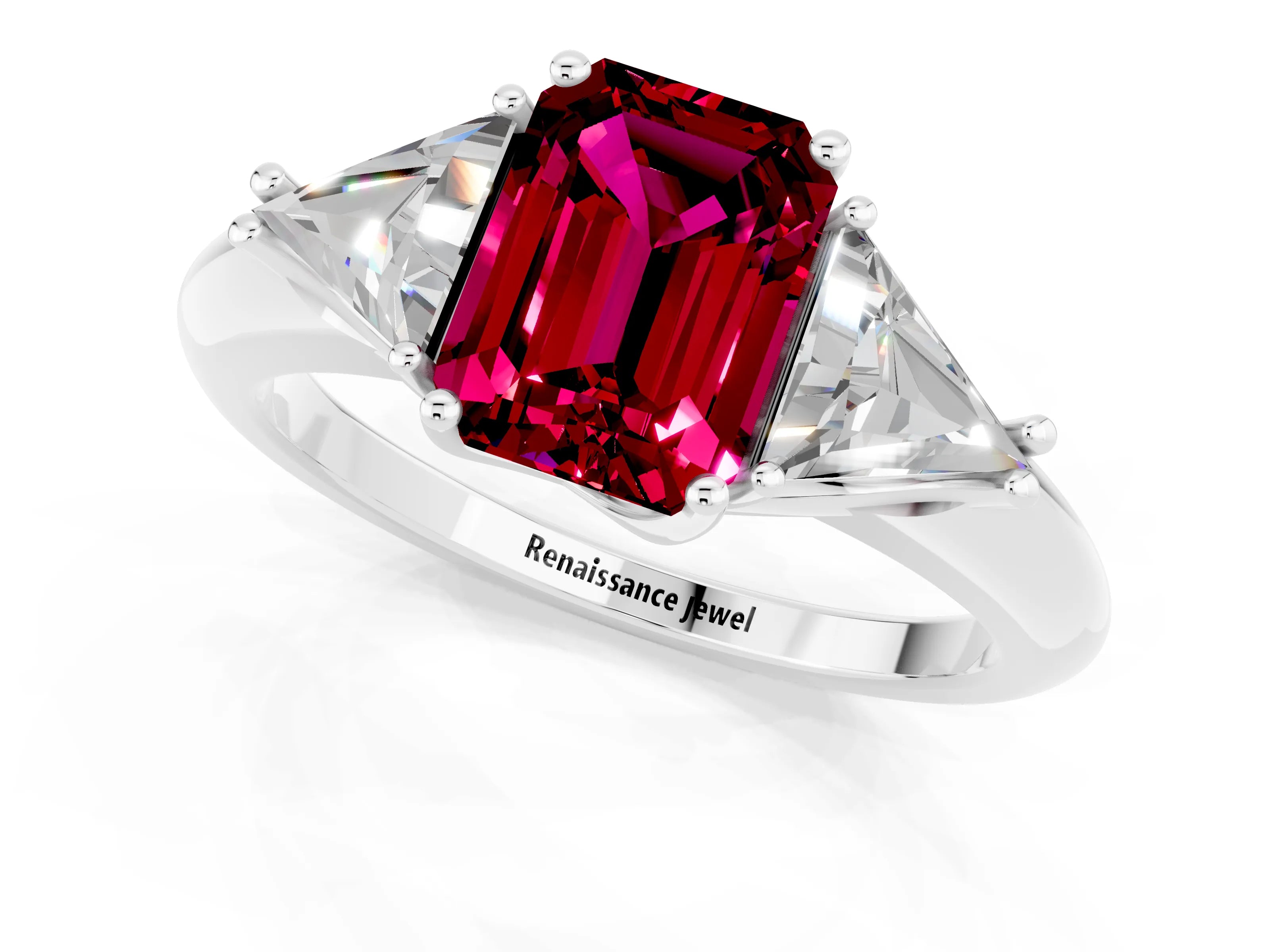 White gold Three-Stone Emerald Cut Cut Diamond Ring with Trillion Side Stones and Four-Prong Setting_1