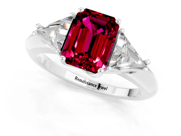 Platinum Three-Stone Emerald Cut Garnet Engagement Ring with Trillion Side Stones and Prong Setting
