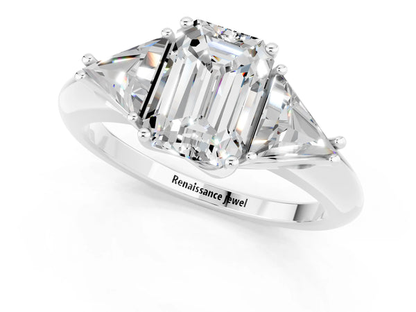 Platinum Three-Stone Emerald Cut Moissanite Engagement Ring with Trillion Side Stones and Prong Setting