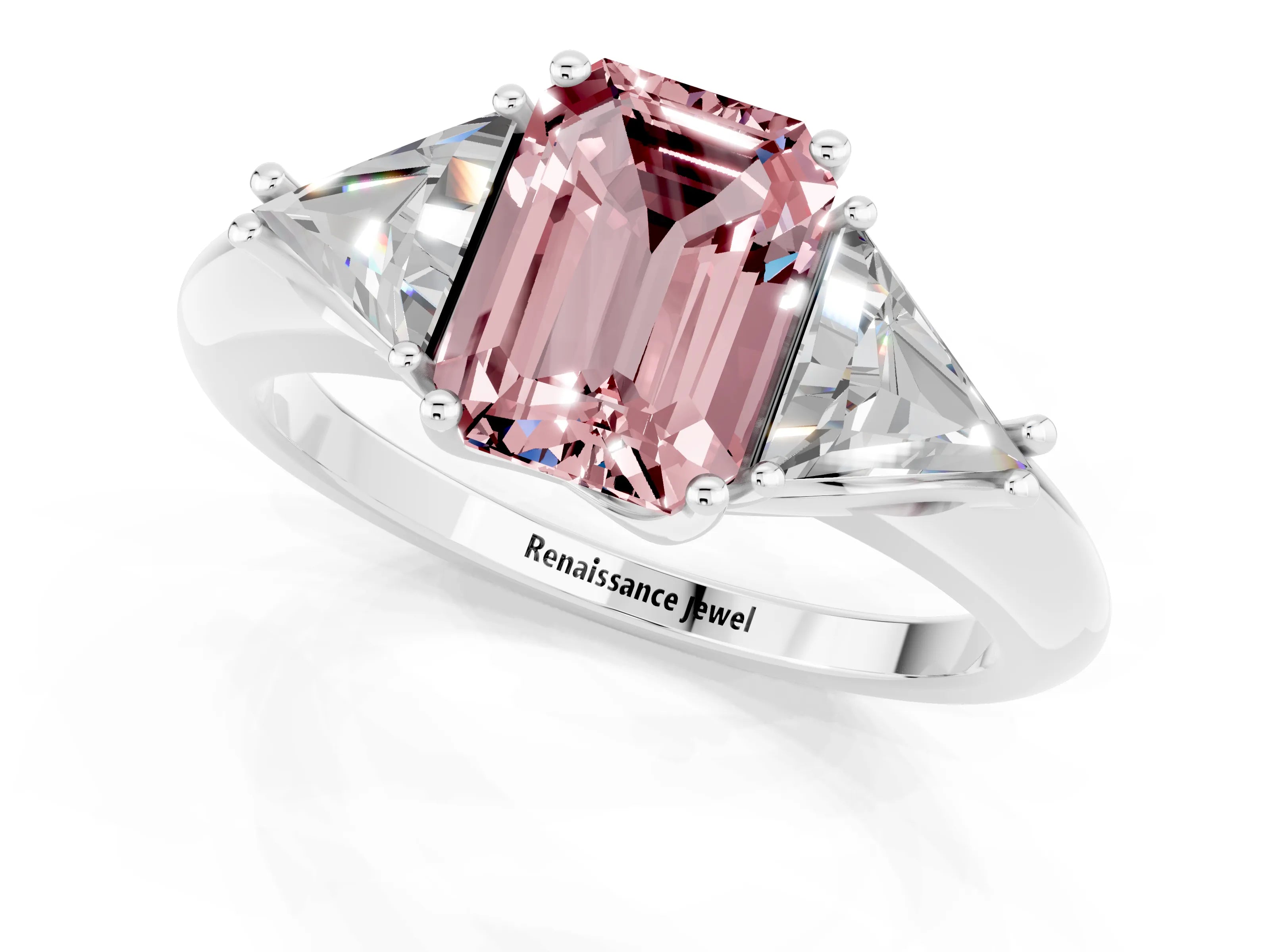 White gold Three-Stone Emerald Cut Cut Diamond Ring with Trillion Side Stones and Four-Prong Setting_1