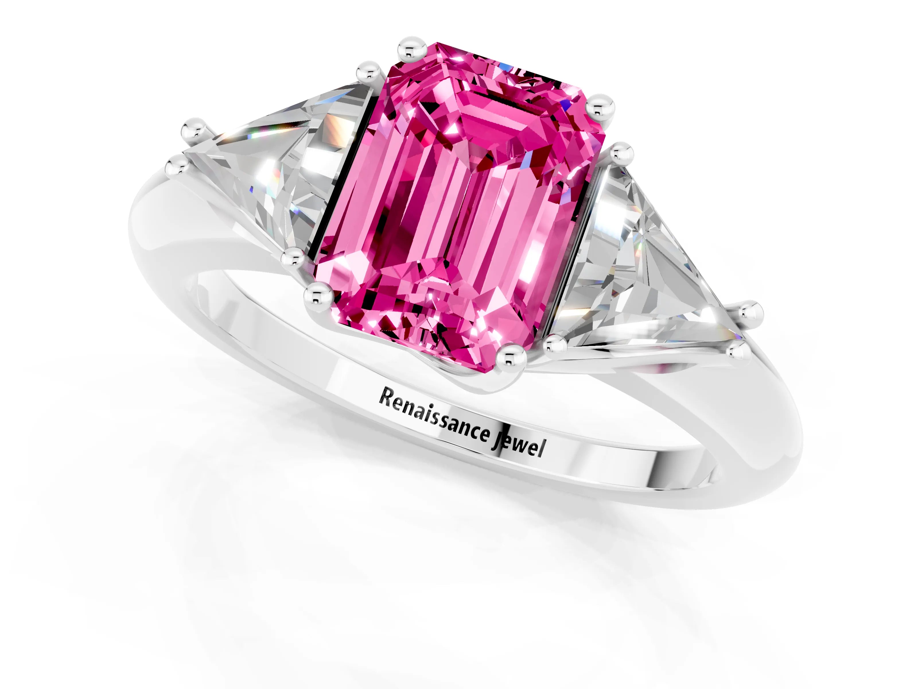 White gold Three-Stone Emerald Cut Cut Diamond Ring with Trillion Side Stones and Four-Prong Setting_1
