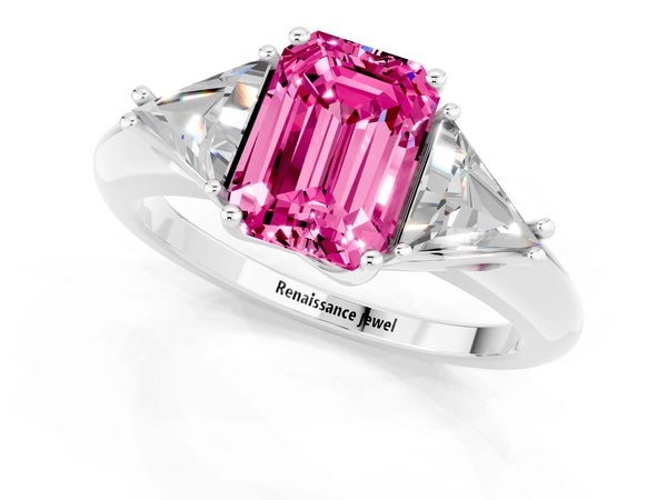 White gold Three-Stone Emerald Cut Pink Sapphire Engagement Ring with Trillion Side Stones and Prong Setting