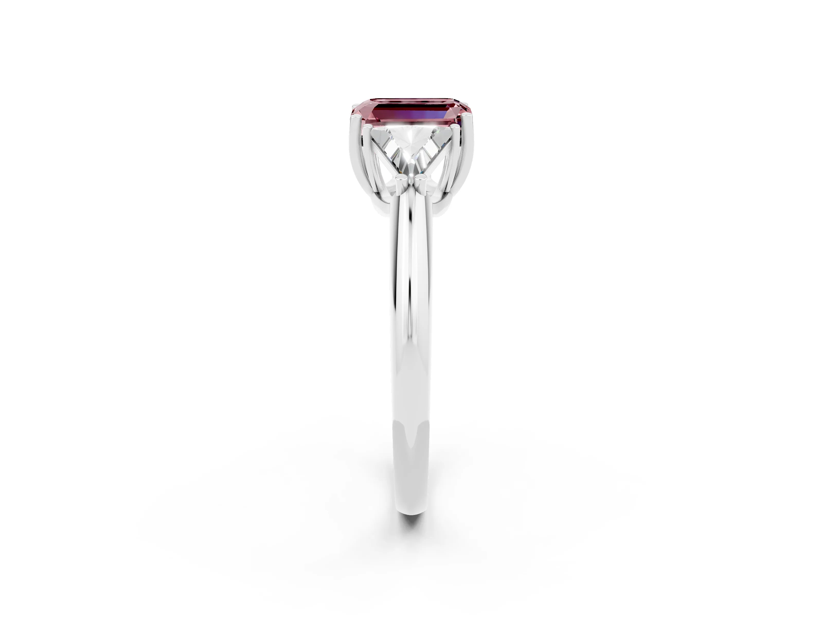 White gold Three-Stone Emerald Cut Cut Diamond Ring with Trillion Side Stones and Four-Prong Setting_2