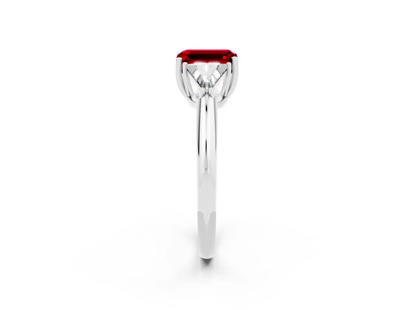 Silver Three-Stone Emerald Cut Ruby Engagement Ring with Trillion Side Stones and Prong Setting