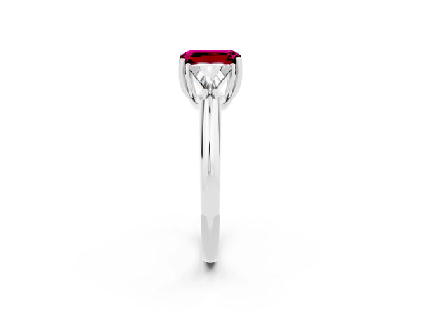 White gold Three-Stone Emerald Cut Garnet Engagement Ring with Trillion Side Stones and Prong Setting