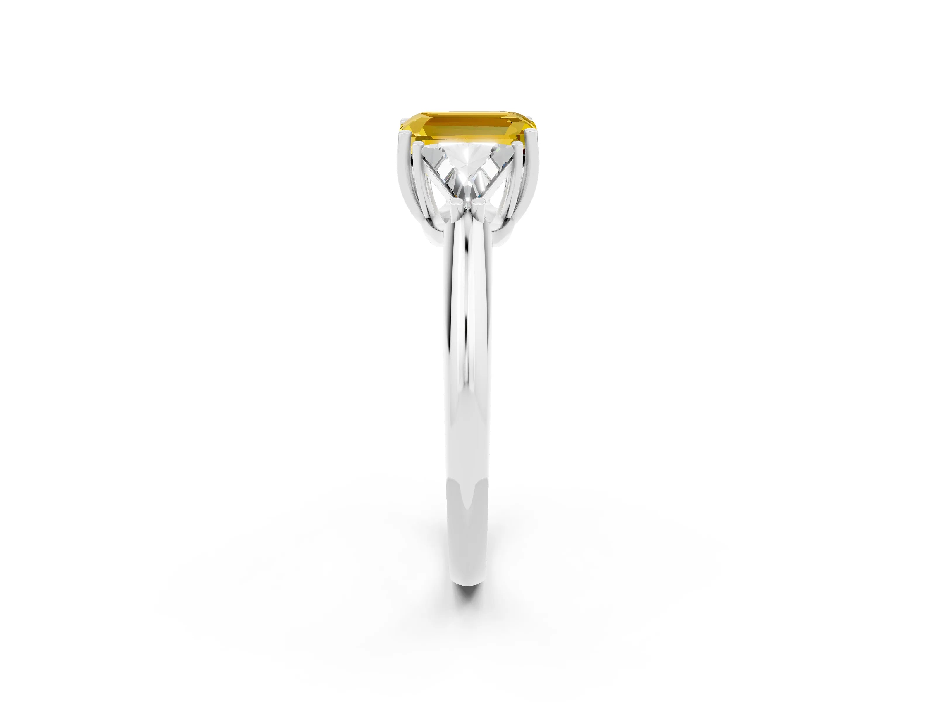 White gold Three-Stone Emerald Cut Cut Diamond Ring with Trillion Side Stones and Four-Prong Setting_2