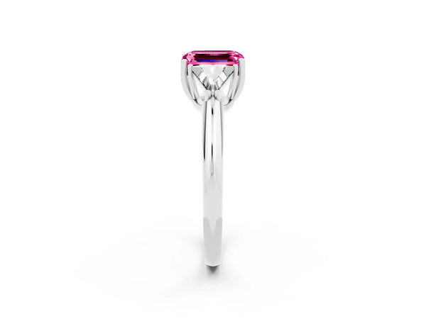 White gold Three-Stone Emerald Cut Pink Sapphire Engagement Ring with Trillion Side Stones and Prong Setting