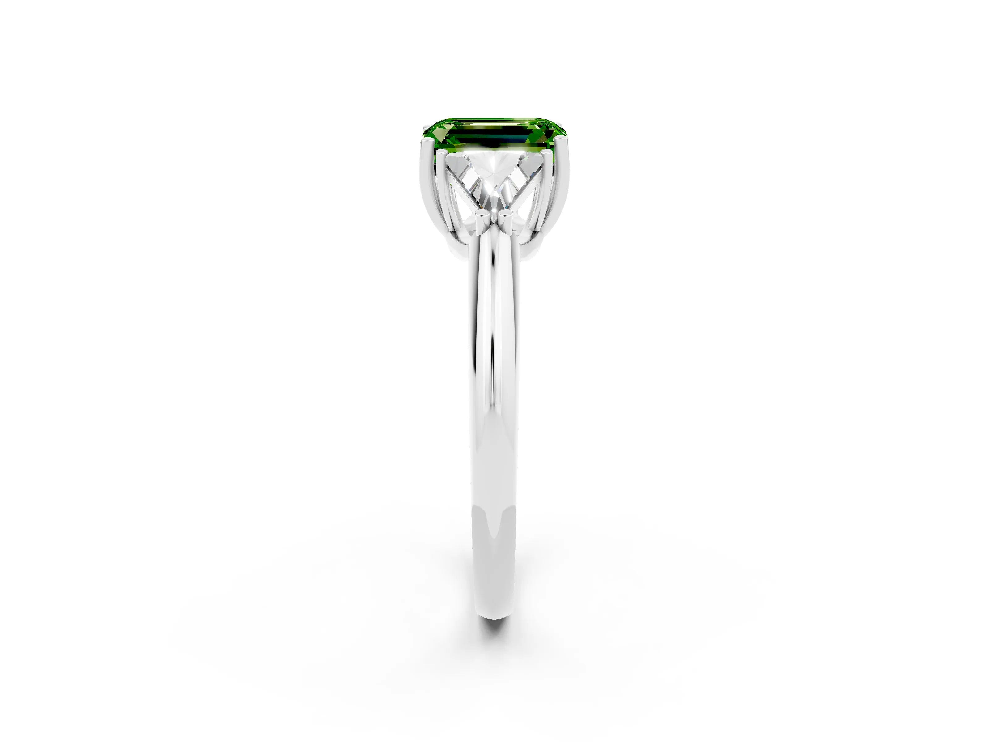 White gold Three-Stone Emerald Cut Cut Diamond Ring with Trillion Side Stones and Four-Prong Setting_2