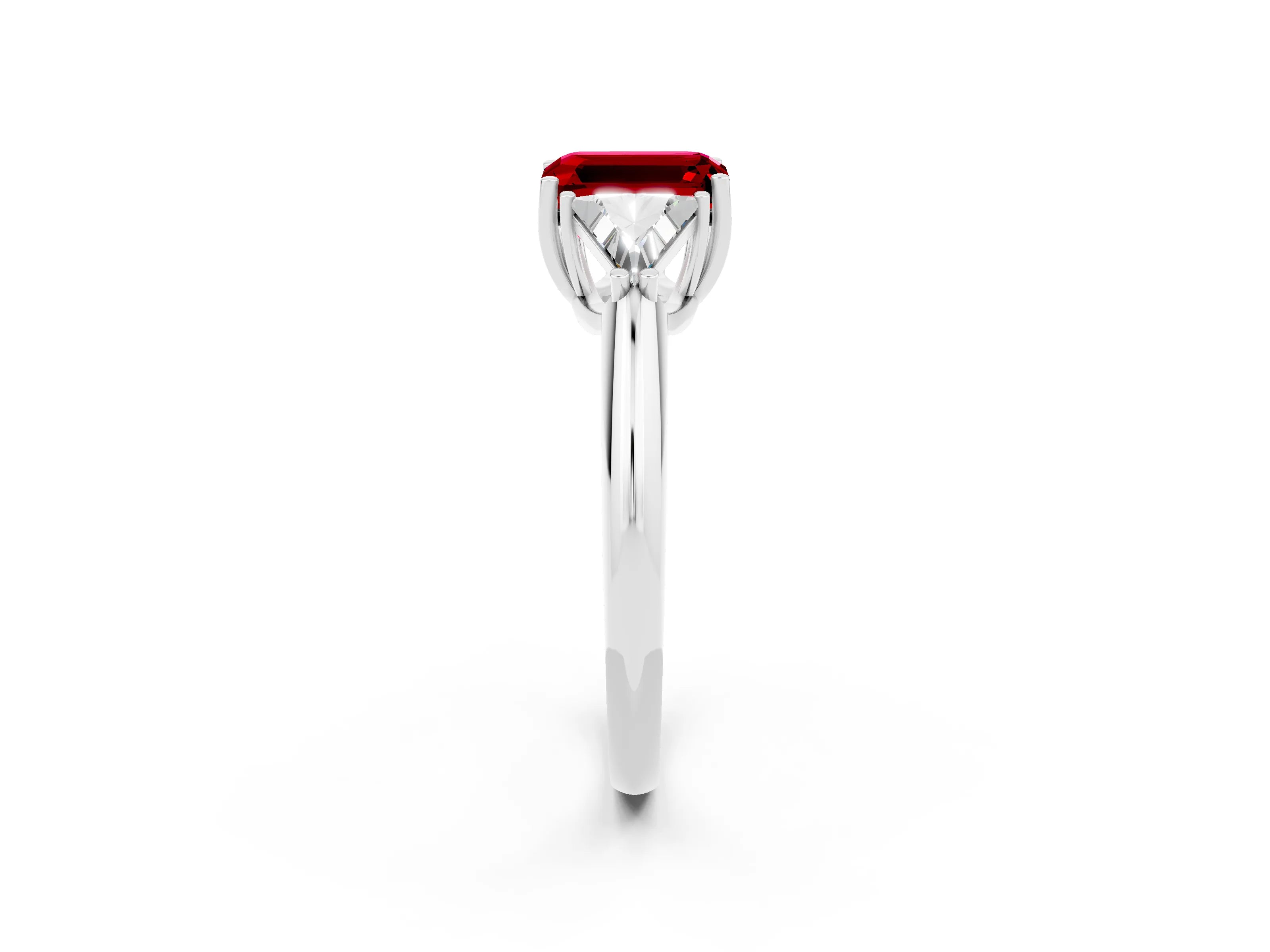 White gold Three-Stone Emerald Cut Cut Diamond Ring with Trillion Side Stones and Four-Prong Setting_2