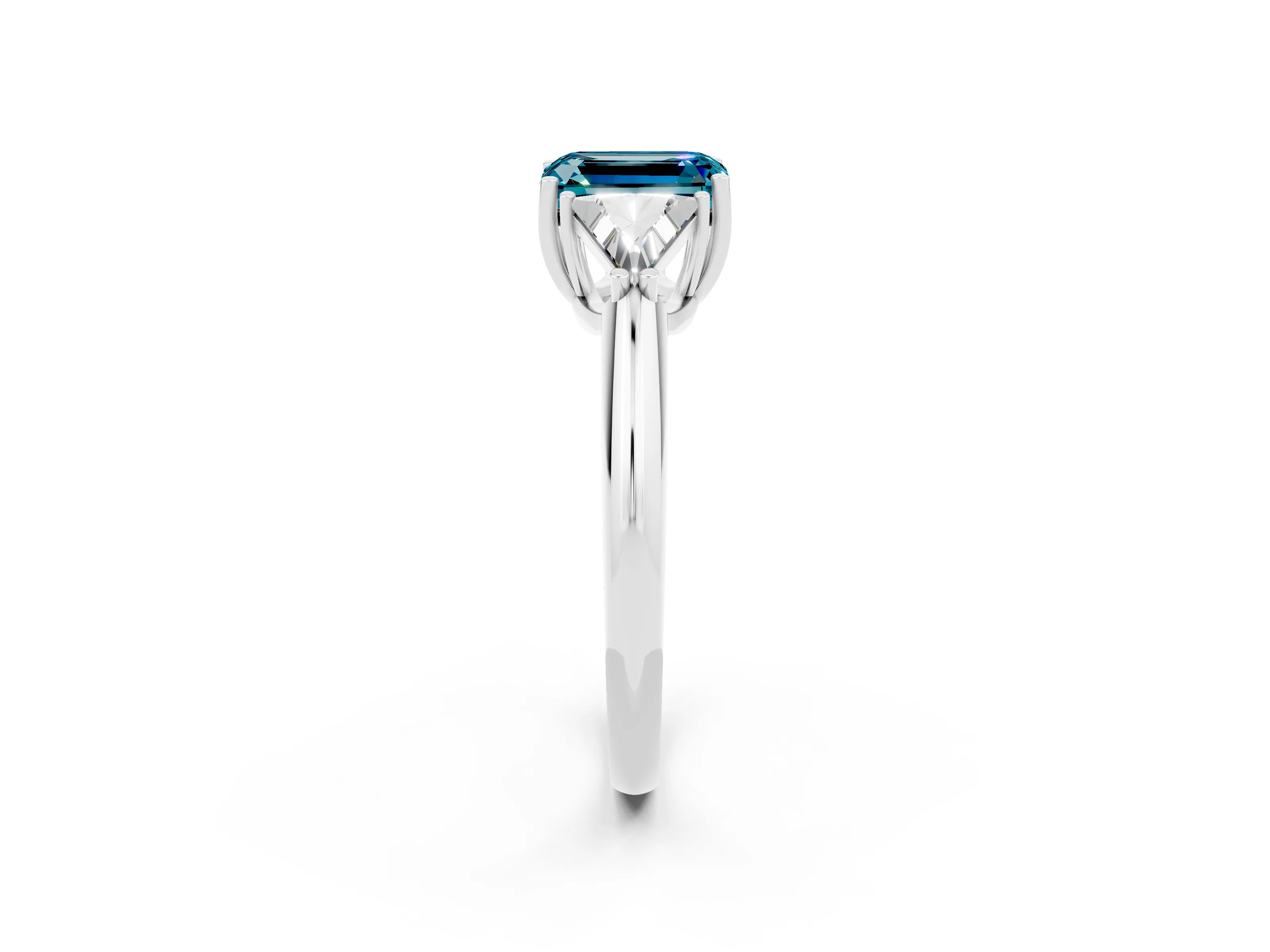White gold Three-Stone Emerald Cut Cut Diamond Ring with Trillion Side Stones and Four-Prong Setting_2