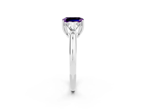 Platinum Three-Stone Emerald Cut Amethyst Engagement Ring with Trillion Side Stones and Prong Setting