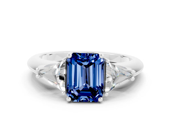 Platinum Three-Stone Emerald Cut Blue Sapphire Engagement Ring with Trillion Side Stones and Prong Setting