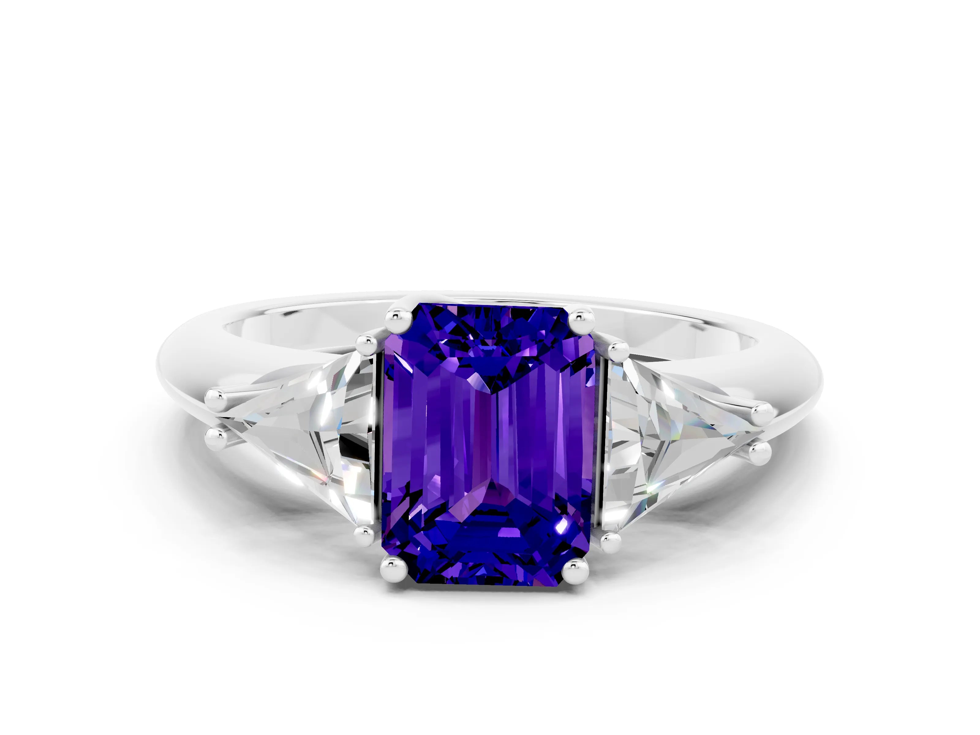 White gold Three-Stone Emerald Cut Cut Diamond Ring with Trillion Side Stones and Four-Prong Setting