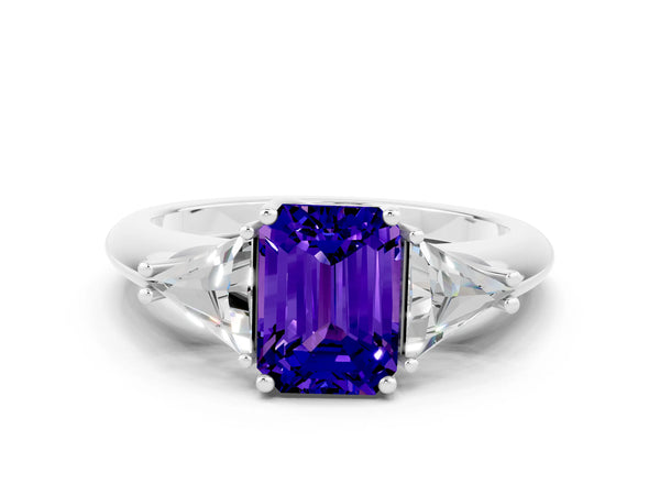 White gold Three-Stone Emerald Cut Tanzanite Engagement Ring with Trillion Side Stones and Prong Setting