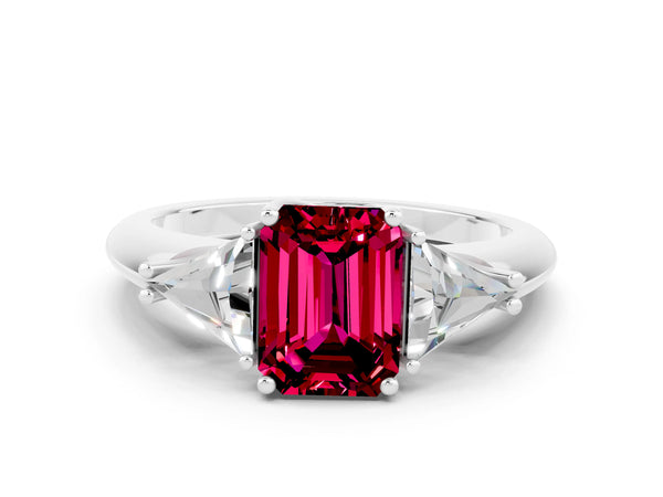 Platinum Three-Stone Emerald Cut Garnet Engagement Ring with Trillion Side Stones and Prong Setting